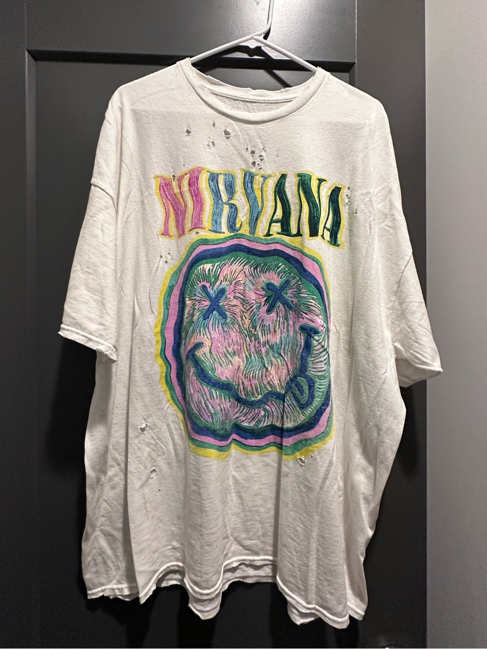 Oversized, Distressed Nirvana White Graphic Band Tee - Mens Casual Shirt